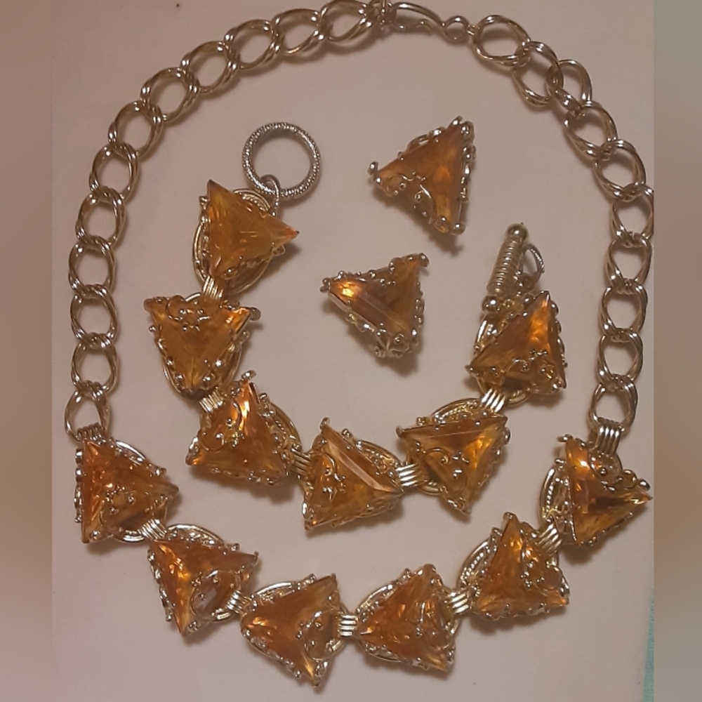 c1950 DeLizza & Elster Citrine Triangle Princess Necklace, Bracelet & Earrings